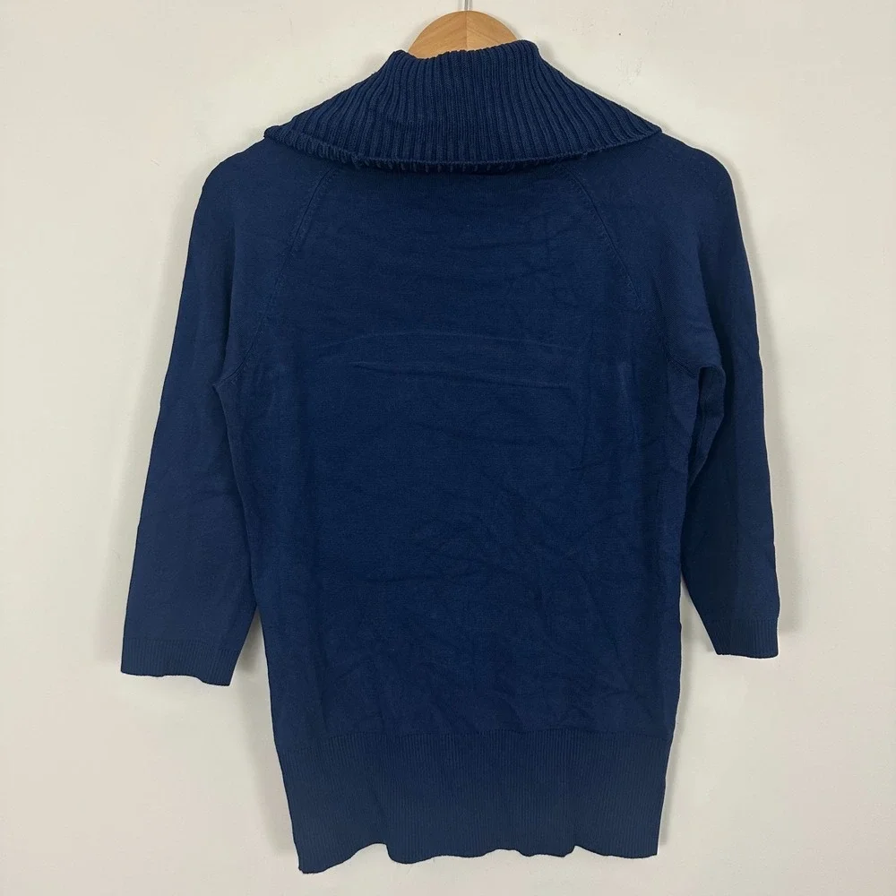 Ann Taylor Sweater Dark Blue Ribbed Knit 3/4 Sleeve Turtle Neck Womens Medium